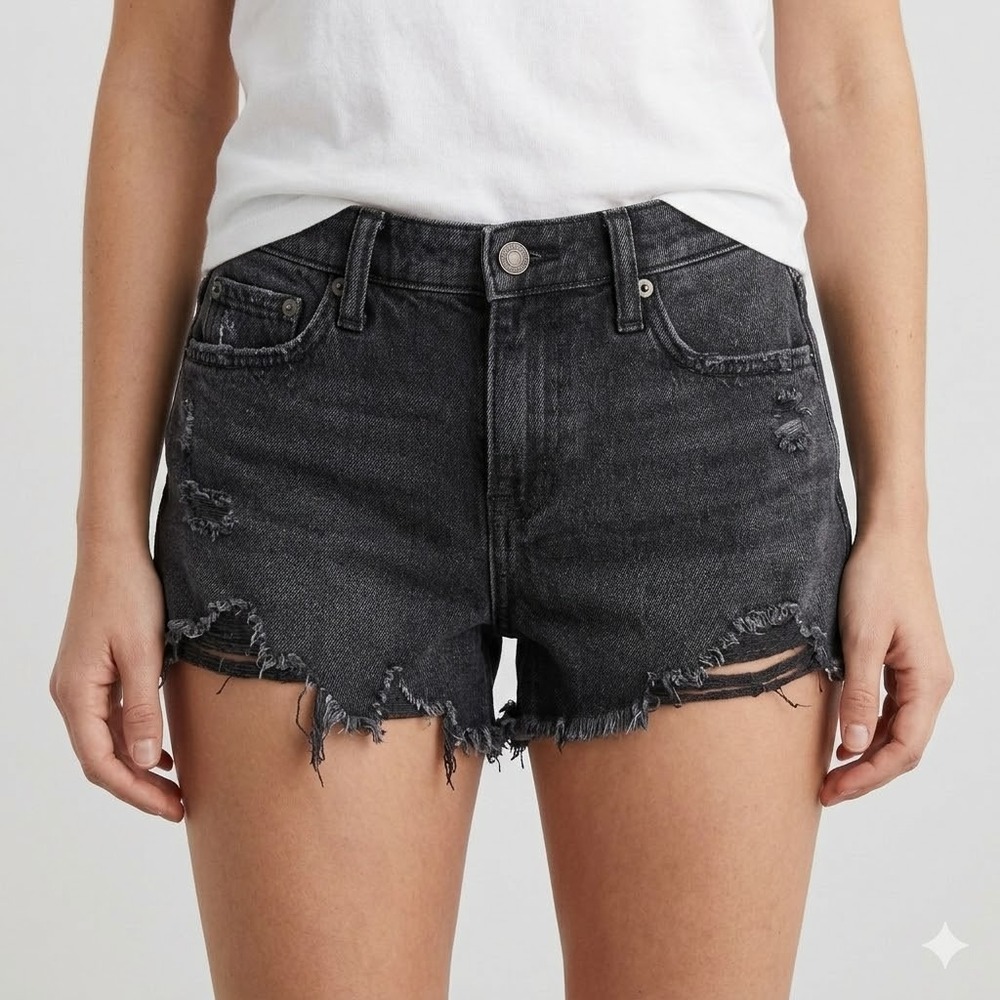 Aerie Denim Shorts Distressed High Waisted Raw Hem XS Black